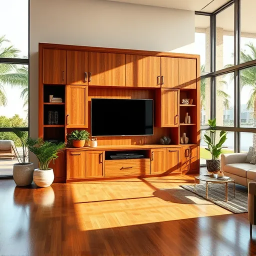 Elegant custom wood built-in in a modern Port St. Lucie living room with tropical views, hardwood floors, and natural lighting