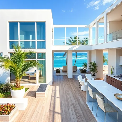 Completed coastal home remodel in Palm Beach Shores features light grey stucco, panoramic windows, and tropical landscaping.