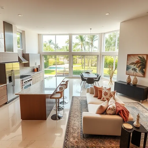 Completed home remodeling in Tequesta FL, with modern open-concept living, stylish kitchen, and inviting dining space.