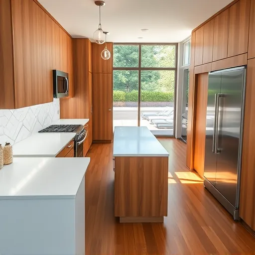 Renovated Floresta Florida kitchen with modern wood cabinetry white quartz countertops stainless steel appliances and large windows