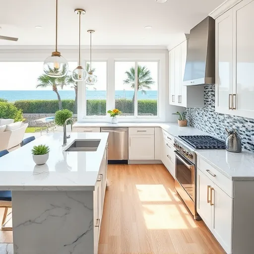 Remodeled modern kitchen in Briny Breezes FL with white marble countertops stainless steel appliances nautical colors and coastal views