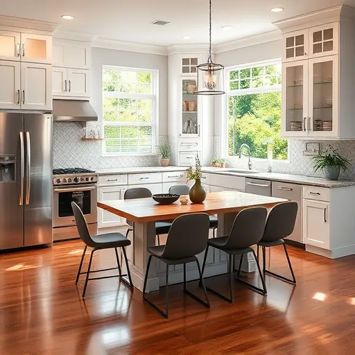 Modern elegant kitchen in Indiantown FL with stainless steel appliances, glossy white cabinetry, and granite island.