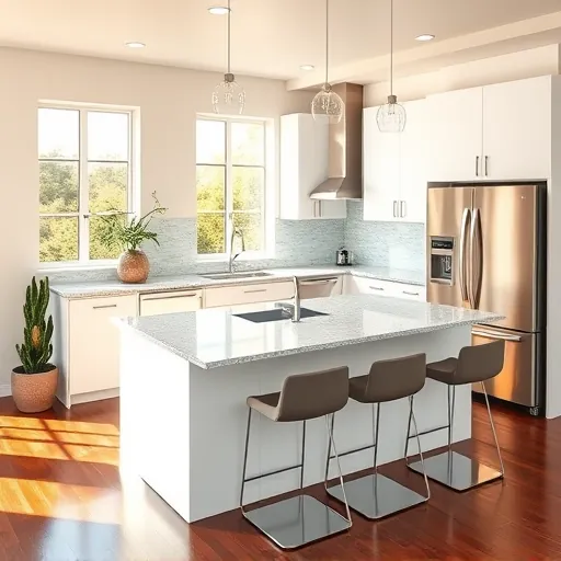 Elegant remodeled kitchen in Jupiter, FL features custom cabinetry, granite countertops, and glass tile backsplash.