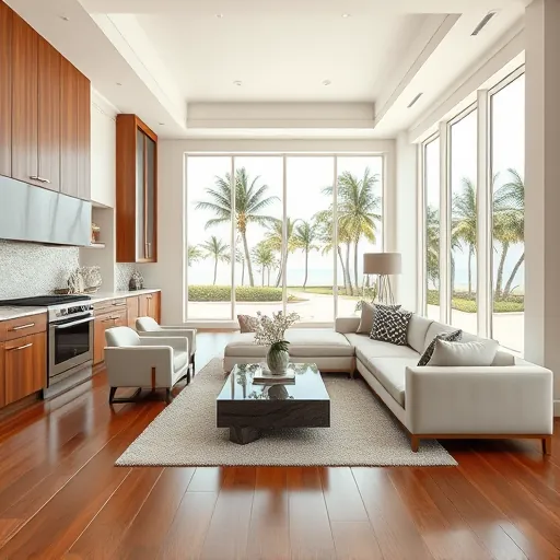 Modern Palm Beach Shores living room with large windows, stylish decor, and tropical landscape views.