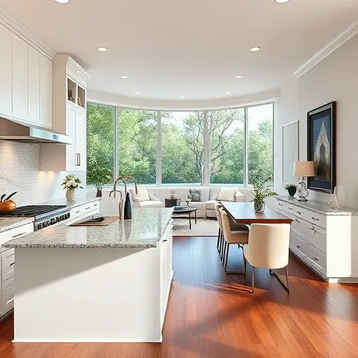 Modern kitchen remodel in Indiantown FL with sleek white cabinets, granite counters, and hardwood floors, featuring cozy decor.