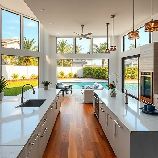 Modern kitchen remodel in Port St. Lucie features quartz countertops, stainless steel appliances, and lush backyard views.