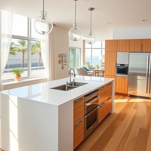 Remodeled North Palm Beach kitchen with quartz countertops, modern island, stainless steel appliances, coastal color palette and hardwood floors