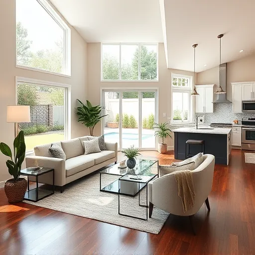 Renovated living room in Lakewood Park FL with modern decor, energy-efficient windows, and open-concept kitchen.