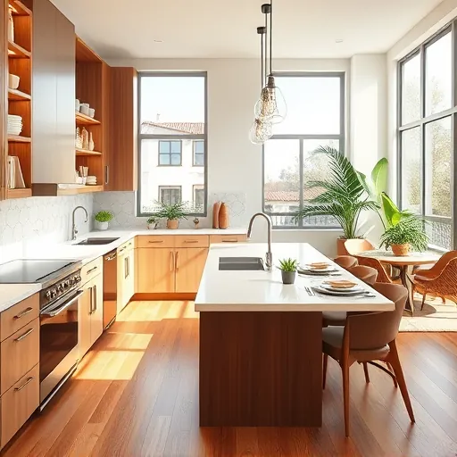 Remodeled River Park Florida kitchen with quartz countertops stainless steel appliances wooden cabinets island pendant lighting geometric backsplash hardwood floors and greenery
