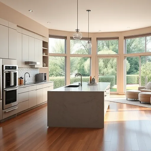 Modern remodeled kitchen in River Park FL with matte cabinets stainless steel appliances granite island daylight wooden floors and lush greenery view