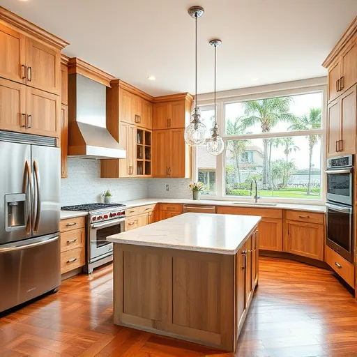 Renovated Sewall’s Point FL kitchen with stainless steel appliances, marble countertops, custom wood cabinets, granite island, large windows, hardwood floors, and elegant backsplash tiles