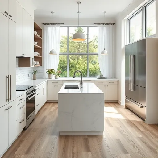 Remodeled Indiantown FL kitchen with matte modern cabinetry, quartz countertops, sleek appliances, wood-look tiles, and outdoor views