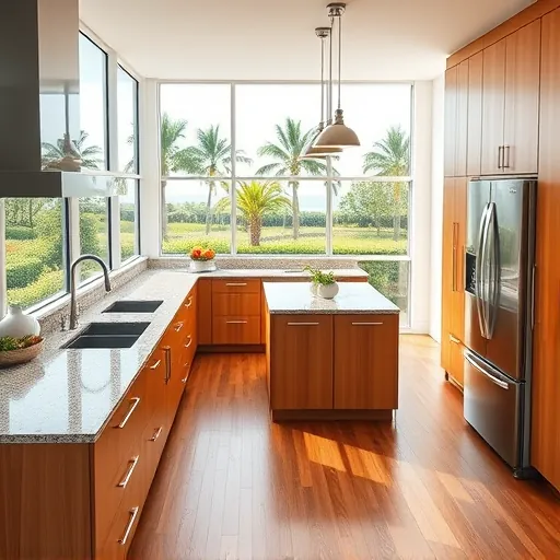 Renovated Treasure Coast kitchen with granite countertops stainless-steel appliances custom cabinetry hardwood floors and scenic garden view