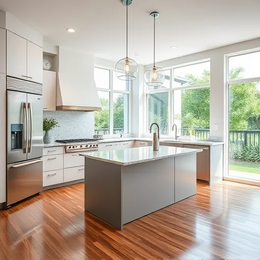 Remodeled modern kitchen in Lake Park Florida with matte cabinets stainless steel appliances granite island hardwood floors and natural light