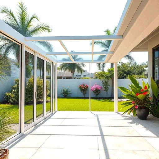 New aluminum screened-in patio enclosure in a sunny Port St. Lucie backyard with glass screens, lush landscape, and tropical plants