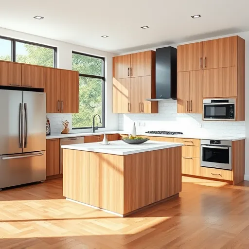 Recently remodeled modern kitchen in Hypoluxo Florida with wood cabinets black hardware quartz island backsplash stainless appliances hardwood floors and backyard view