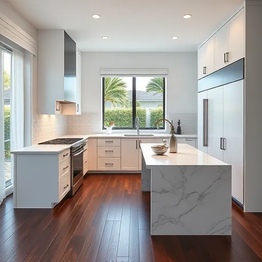 Recently remodeled Ocean Ridge FL kitchen with white modern cabinets, marble island, gray subway backsplash, and dark hardwood floors