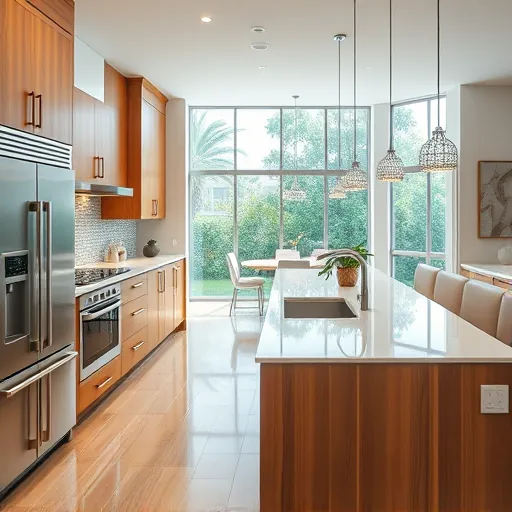 Remodeled Rio Florida kitchen with warm wood cabinets stainless steel appliances marble island bright lighting modern design