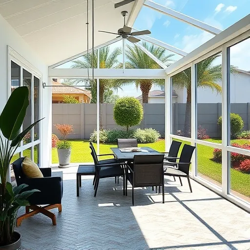 Finished aluminum screened-in patio enclosure with sleek framing, stylish furniture, lush tropical landscaping, and bright sunny atmosphere