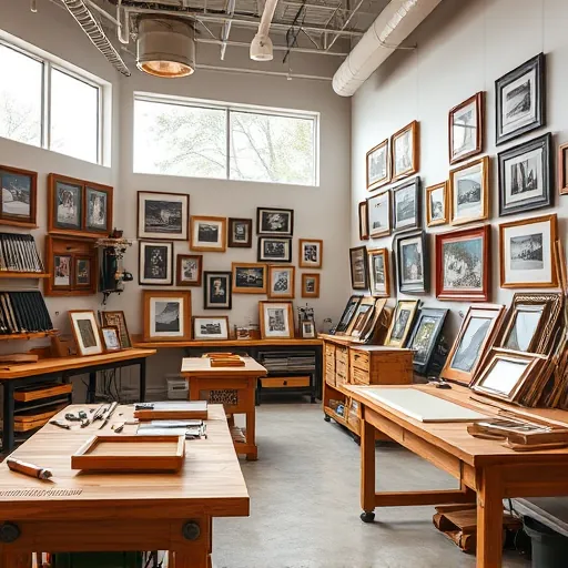 Well-organized framing workshop in Port St. Lucie with woodworking tools, framed artworks, sample frames, and natural light
