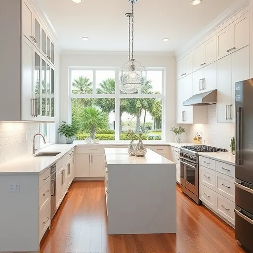 Remodeled Sewall's Point Florida kitchen with white quartz countertops stainless steel appliances coastal decor hardwood floors and natural light
