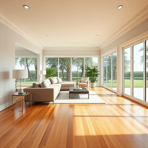 Spacious modern room addition in Port St. Lucie with large windows, hardwood floors, minimalist decor, and lush garden views