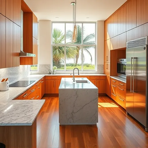 Beautiful remodeled modern kitchen in Hobe Sound Florida with granite counters, wood cabinets, stainless steel appliances, marble island, and lush greenery outside