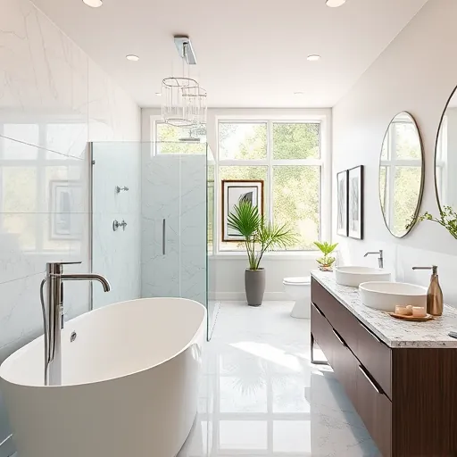 Remodeled Port St. Lucie bathroom with modern fixtures, soaking tub, marble shower, double vanity, natural light, and elegant decor