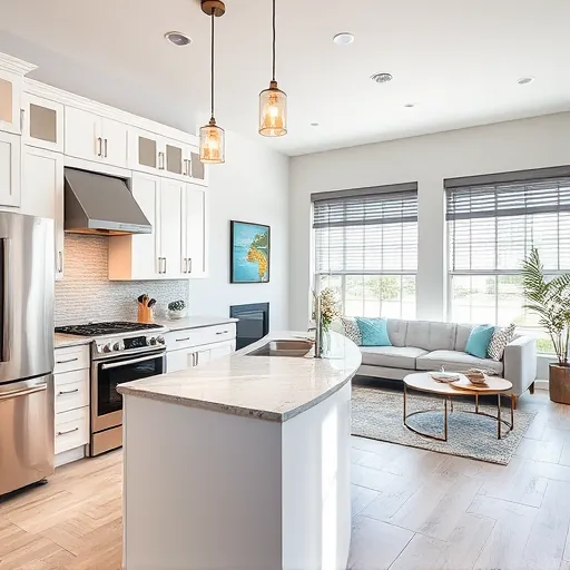 Modern kitchen remodel in Lake Park FL with white cabinetry, quartz counters, pendant lighting, and cozy living area.