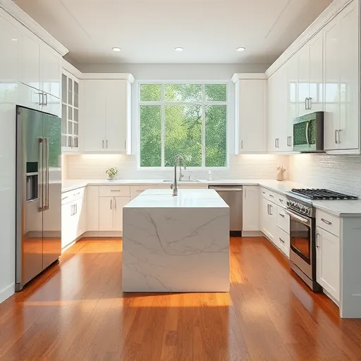 Renovated kitchen in Hypoluxo, FL with modern cabinetry, marble island, natural light, and elegant subway tile backsplash.