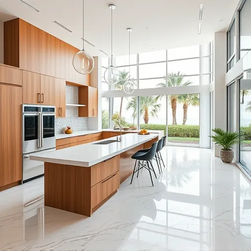 Renovated Indian River Shores FL kitchen with warm wood cabinets quartz countertops island stainless appliances marble floors lush tropical views