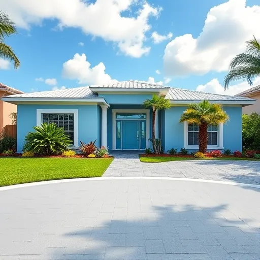 Completed home remodel in Jupiter FL featuring light blue exterior, white trim, tropical landscaping, and inviting entrance.