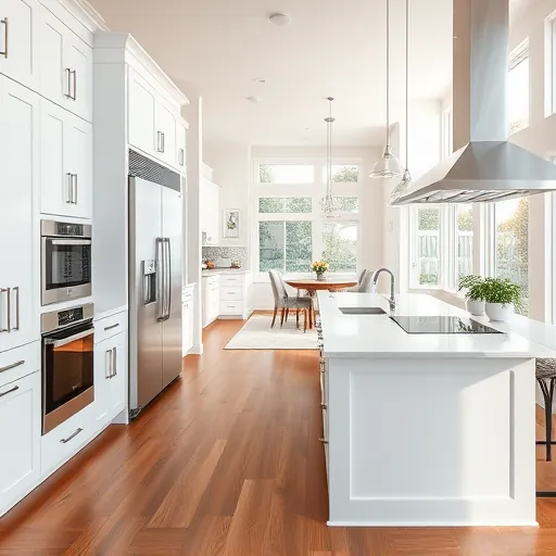 Modern kitchen in Sewall's Point FL featuring white cabinetry, quartz island, stylish backsplash, rich hardwood flooring, and high-end appliances.