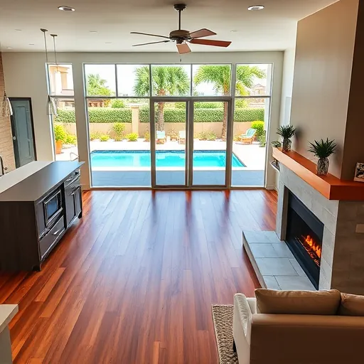 Renovated living room in Port St. Lucie FL with modern design, sleek floors, and large windows showcasing outdoor space.