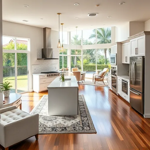 Renovated kitchen in Lake Park FL featuring custom cabinetry, quartz countertops, and stainless steel appliances with natural light.