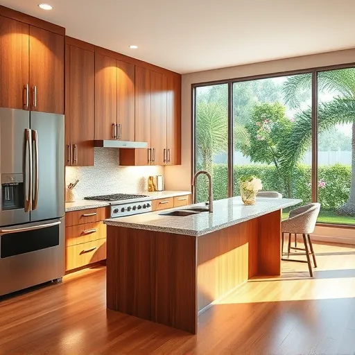 Remodeled Lakewood Park FL kitchen with warm wood cabinets granite island stainless steel appliances tile backsplash hardwood floor and large windows with garden view