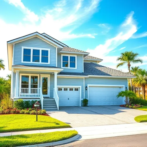 Modern Port St. Lucie home with updated siding, new porch with white columns, energy-efficient windows, lush landscaping, and outdoor lighting