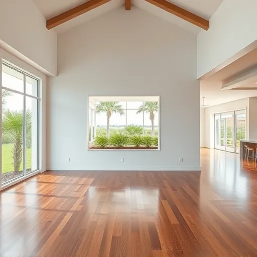 Open concept living room in Port St. Lucie with new drywall, hardwood floors, large windows, tropical greenery, and exposed beams