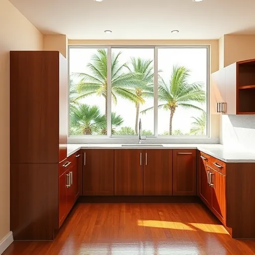 Freshly installed cherry wood kitchen cabinets with silver handles in a modern Port St. Lucie Florida kitchen featuring quartz countertops and lush greenery view