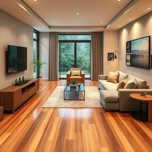 Remodeled Port St. Lucie basement featuring modern hardwood flooring, stylish furniture, large windows, and lush greenery outside