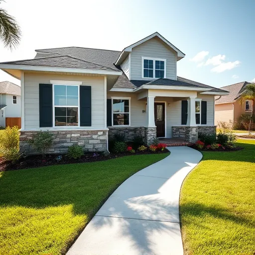 Updated Port St. Lucie house with modern siding, stone accents, lush lawn, colorful flowers, and inviting front porch under bright Florida sky