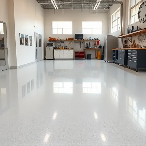 Freshly installed glossy epoxy flooring in Port St. Lucie FL with seamless surface, reflective layers, modern walls, and coastal decor