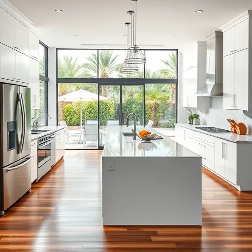 Recently renovated modern Vero Beach kitchen with white cabinets stainless steel appliances large marble island tropical garden view hardwood floors and natural light