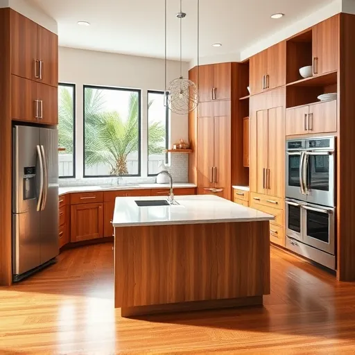 Spacious modern kitchen in Port St. Lucie with warm wood cabinets stainless steel appliances quartz countertops and natural light