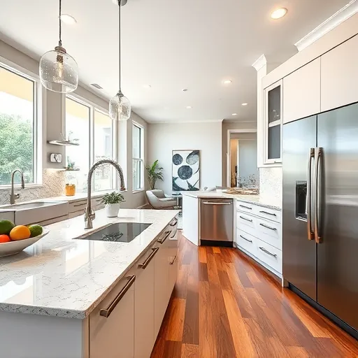 Beautiful remodeled Wellington FL kitchen with granite countertops stainless appliances large windows hardwood floors and modern decor