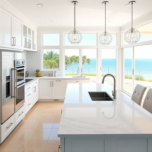Remodeled Manalapan FL kitchen with glossy white cabinets stainless steel appliances quartz island coastal decor and natural light