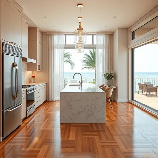 Modern remodeled Singer Island kitchen with sleek cabinetry marble countertops stainless steel appliances and ocean view