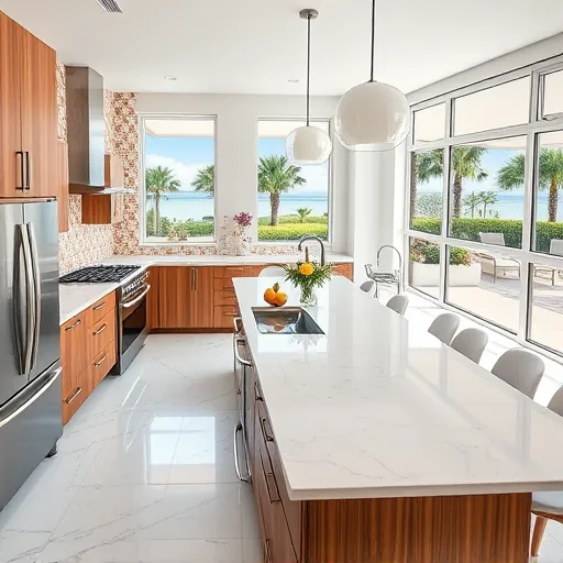 Renovated kitchen in Tequesta FL with quartz countertops, stainless steel appliances, natural light, and outdoor views.