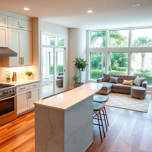 Completed home remodeling in Manalapan FL featuring a modern kitchen with marble countertops, custom cabinetry, and cozy living area.