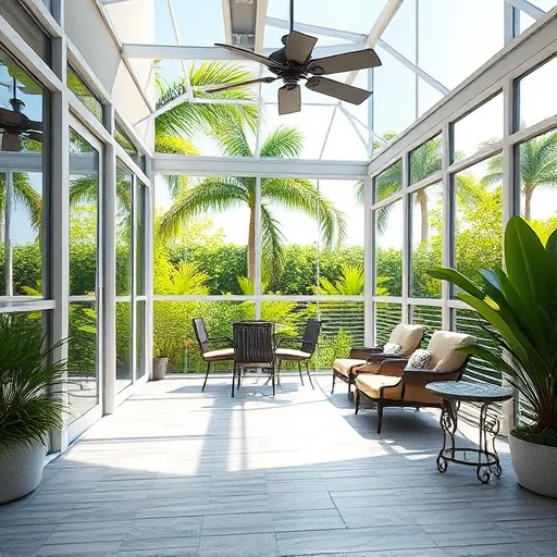 Modern aluminum screened-in patio enclosure in Port St. Lucie with clear screens, tropical greenery, and polished stone flooring